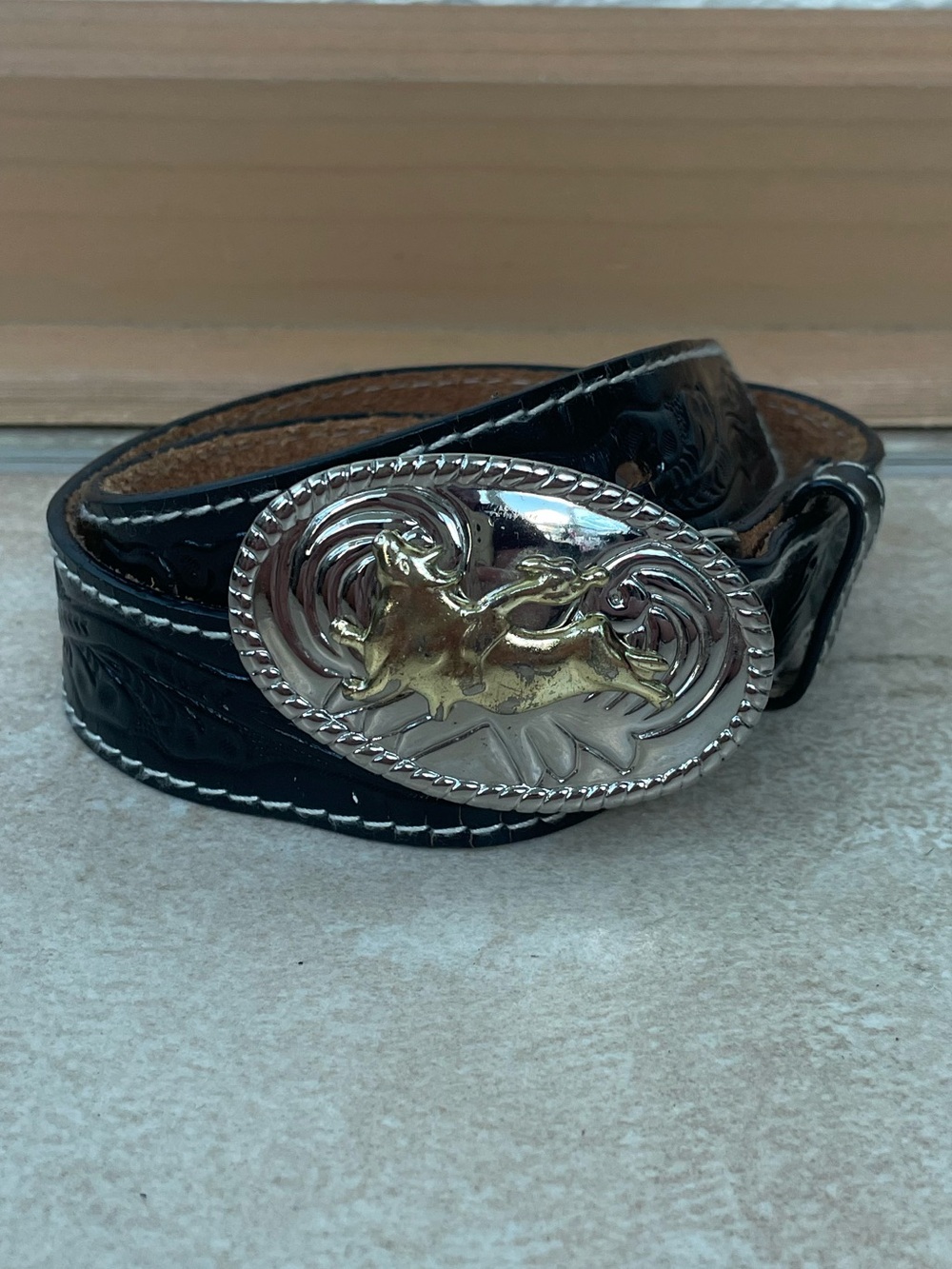 Nocona Belt Co. Youth Womens Tooled Leather Bull Rider Belt Black; 31” w/buckle